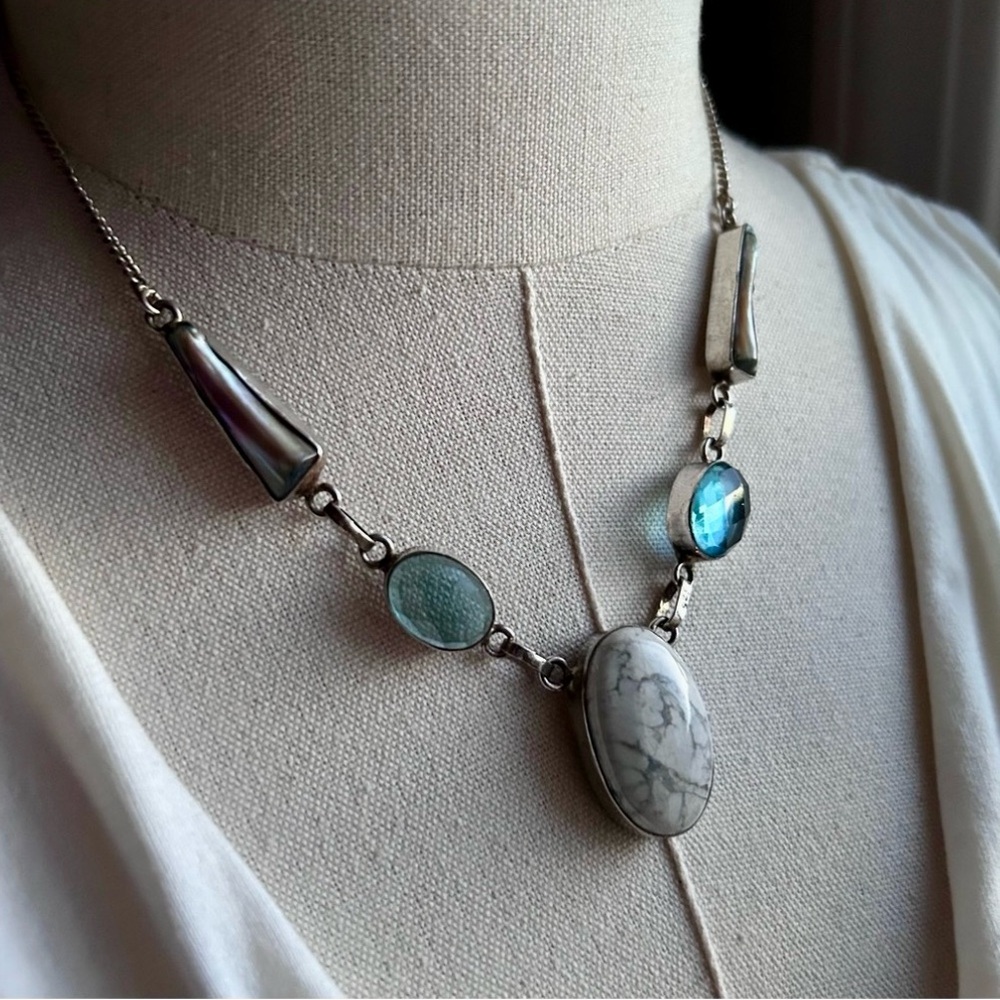 Hand Crafted Artisan Necklace: Howlite, Blue Quartz & Biwa Pearl, Sterling 925